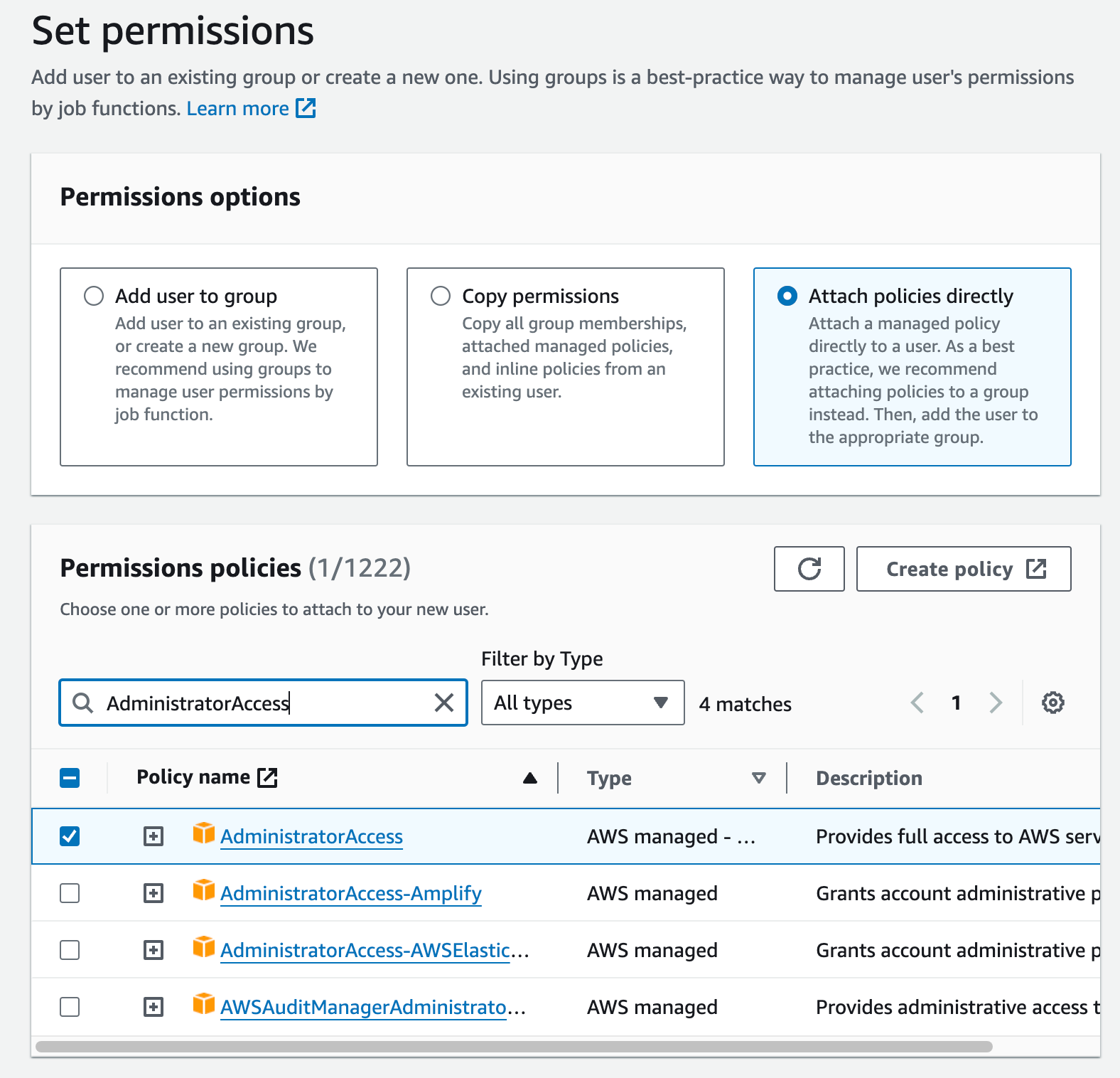 "AdministratorAccess" is checked in Set permissions